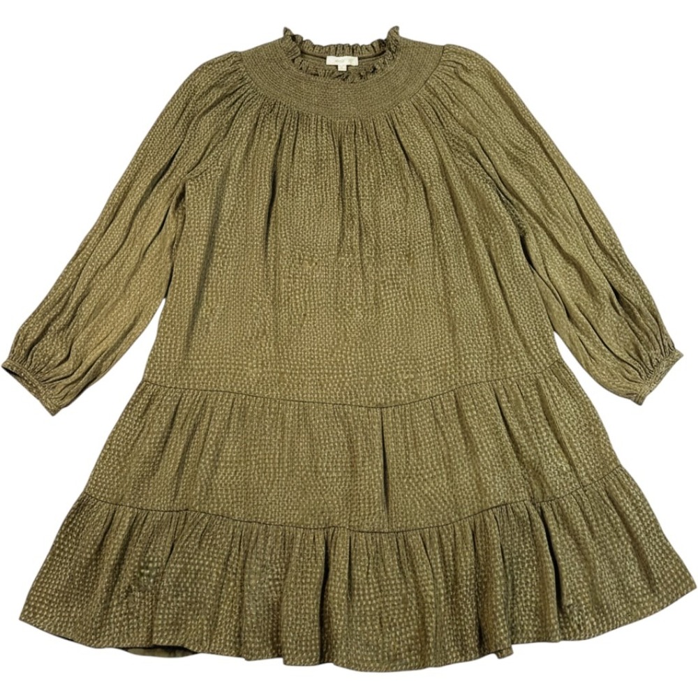 LOFT Olive Green Jacquard Smocked Tiered Swing Mini Dress NWT Petites MP - Picture 1 of 12